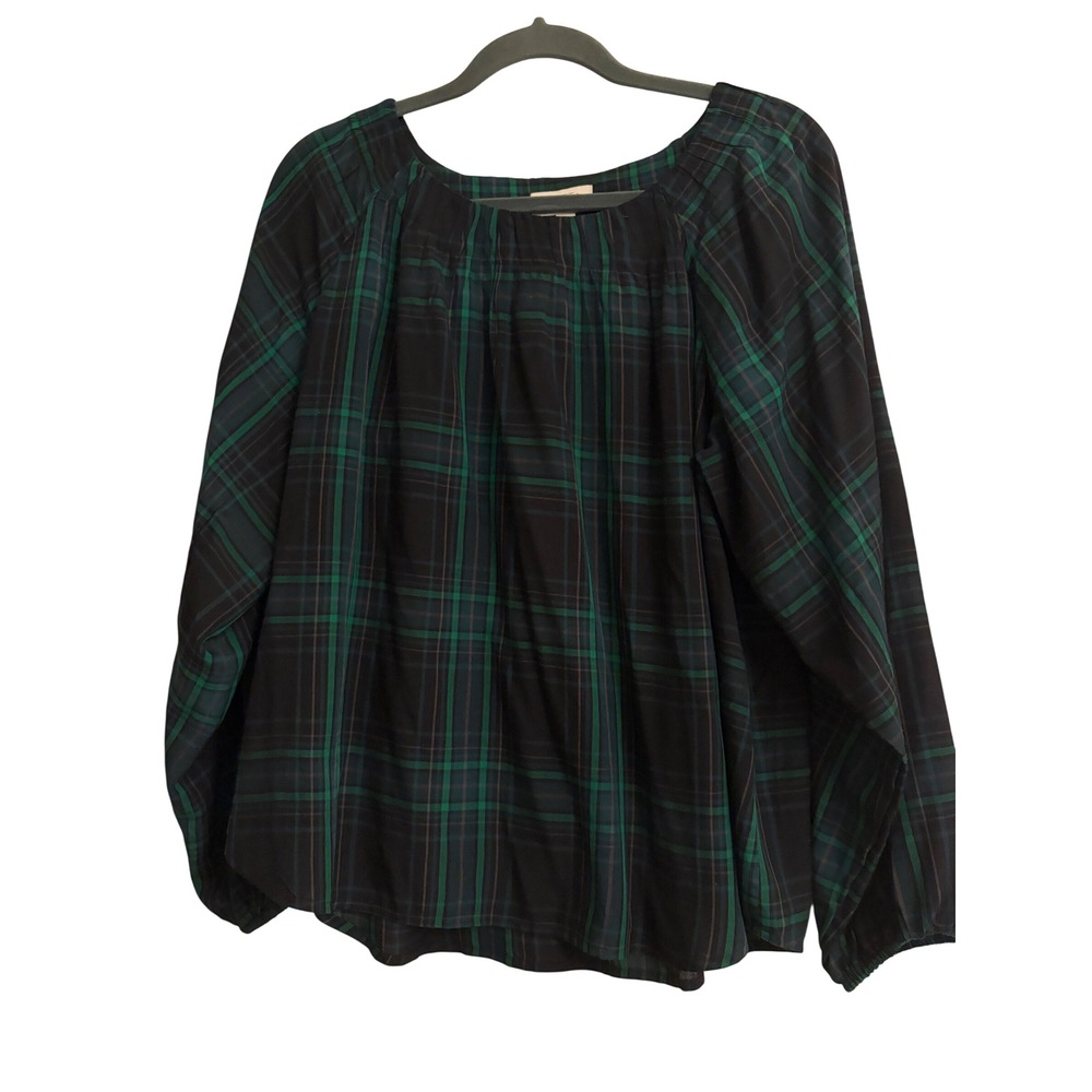 Loft Outlet Petite Green Navy Plaid Long Sleeve Blouse Top Large Petite Peasant